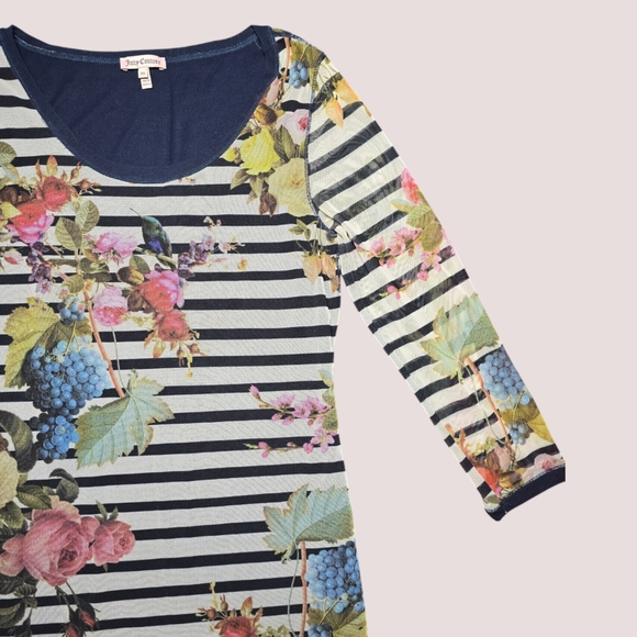 Juicy Couture Regal Bouquet Print Black and White Striped Dress Size XL - Picture 3 of 6